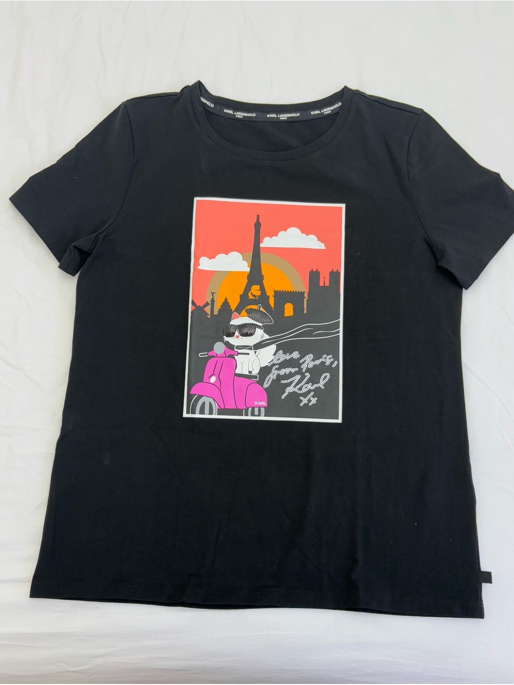 Karl Lagerfeld Black Tee with Pink Scooter Paris Graphic - Picture 2 of 11